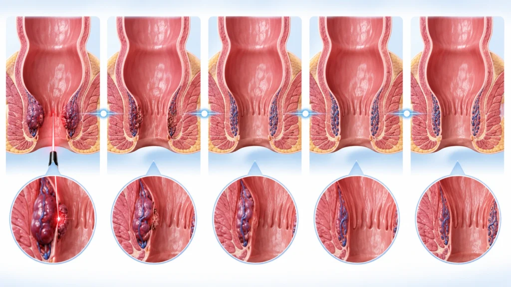 Medical illustration showing step-by-step laser treatment of hemorrhoids with progressive shrinkage and restoration of normal anal anatomy.