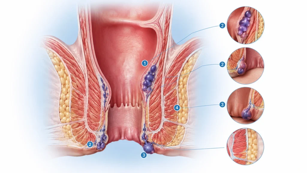 Cross-sectional medical illustration showing internal and external hemorrhoids around the anal canal with enlarged hemorrhoidal veins.