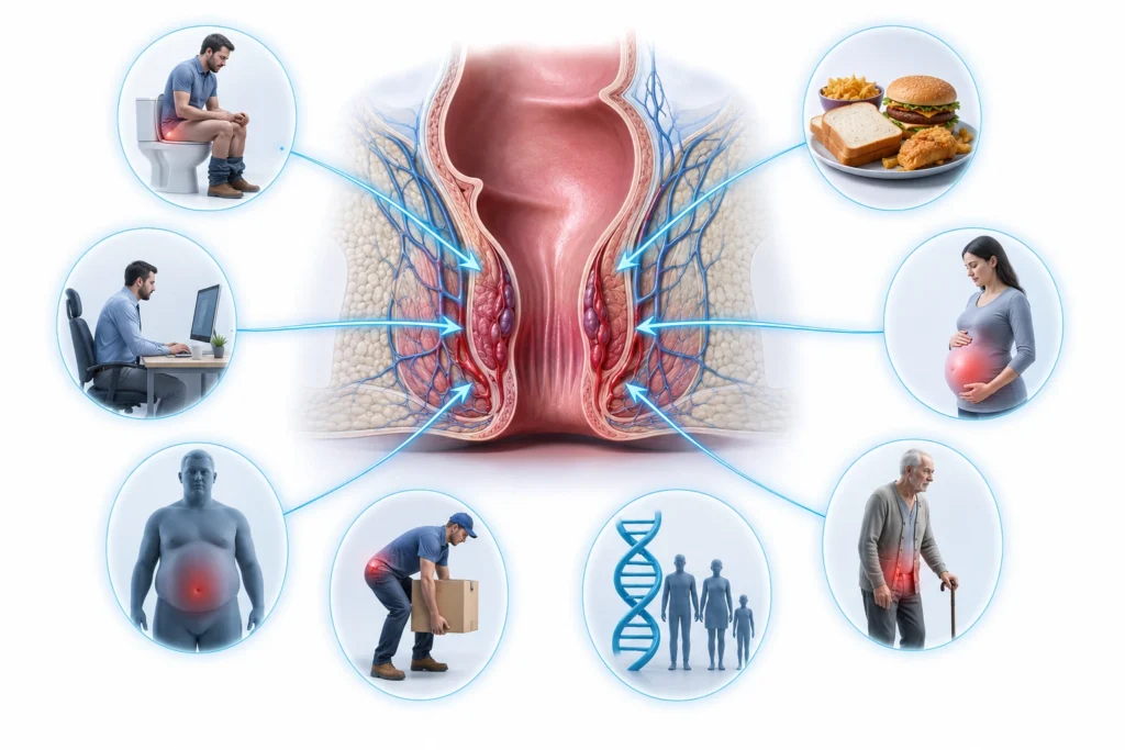 Alt Text: Medical illustration showing common causes and risk factors for hemorrhoids, including pregnancy, obesity, prolonged sitting, straining, aging, heavy lifting, diet, and genetics.