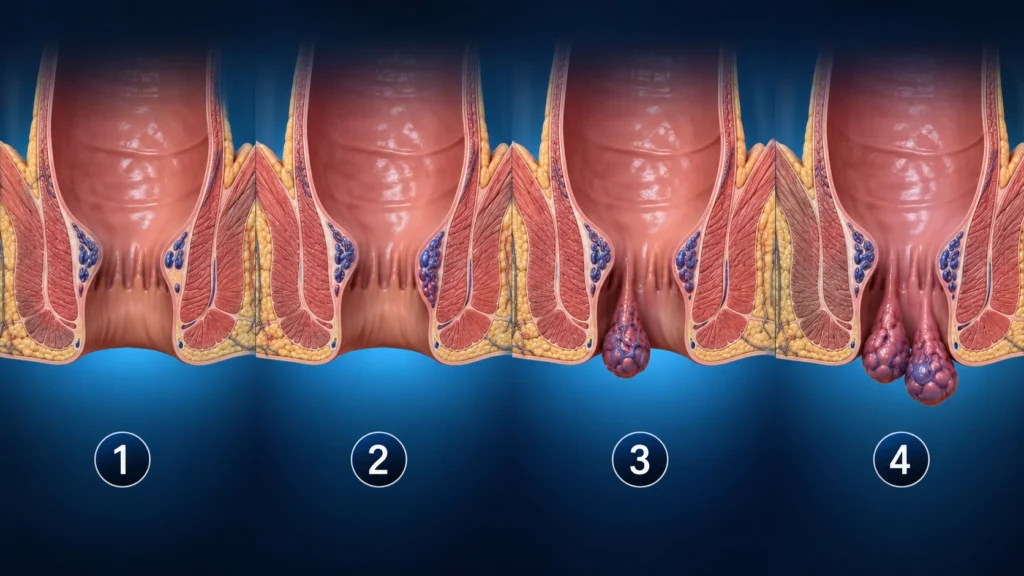 Medical illustration showing Grade 1 to Grade 4 hemorrhoids, demonstrating progressive enlargement and prolapse of hemorrhoidal tissue.